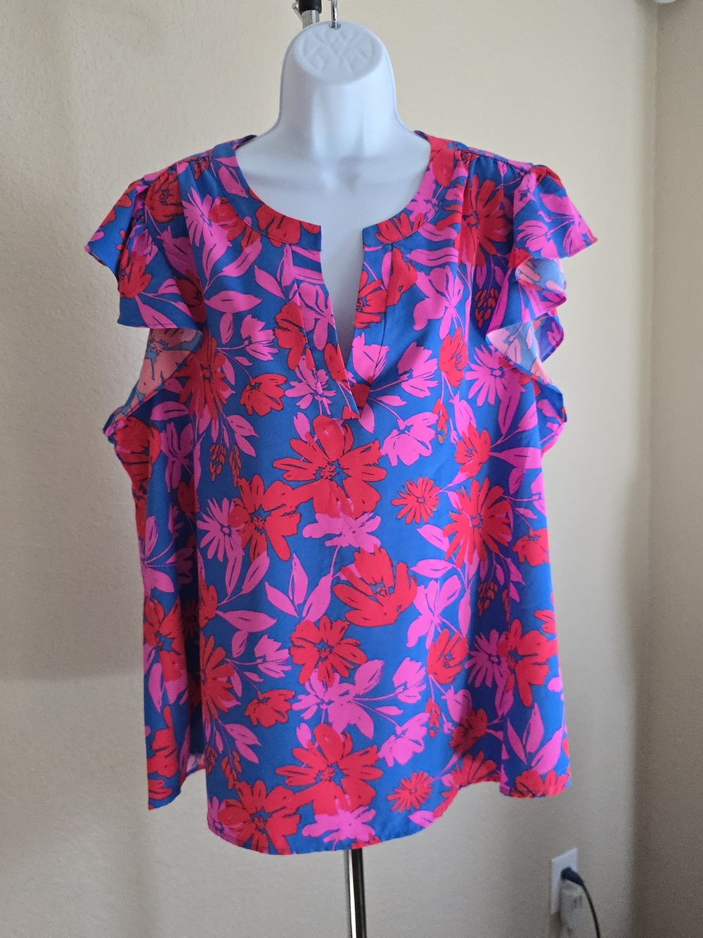 Women's Floral Ruffle Sleeve Blouse in Bright Blue